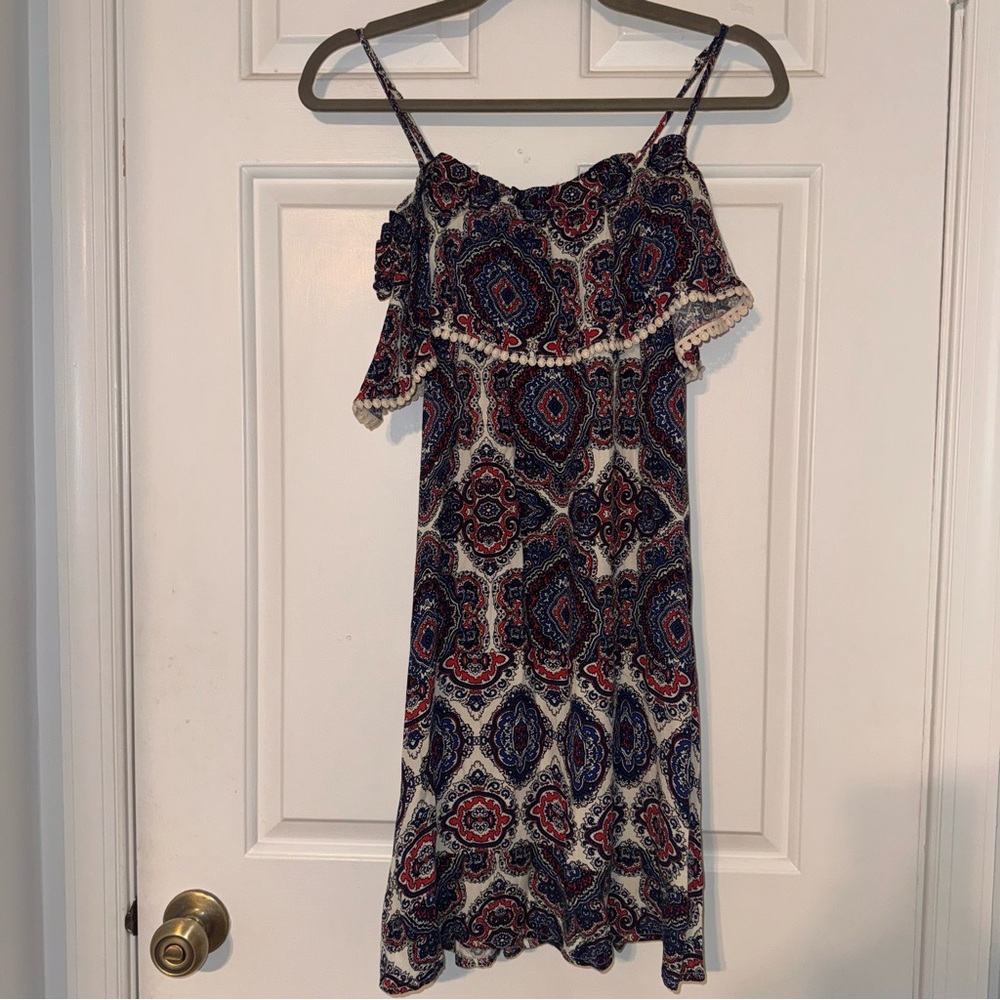 THML bohemian paisley Off-Shoulder Dress in Blue, red white rayon M